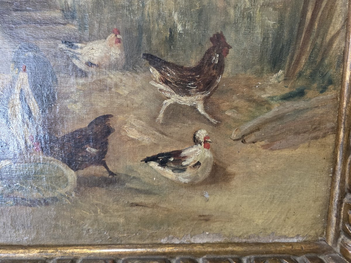 Dipinto olio su tela raffigurante galli e galline in un aia-photo-1