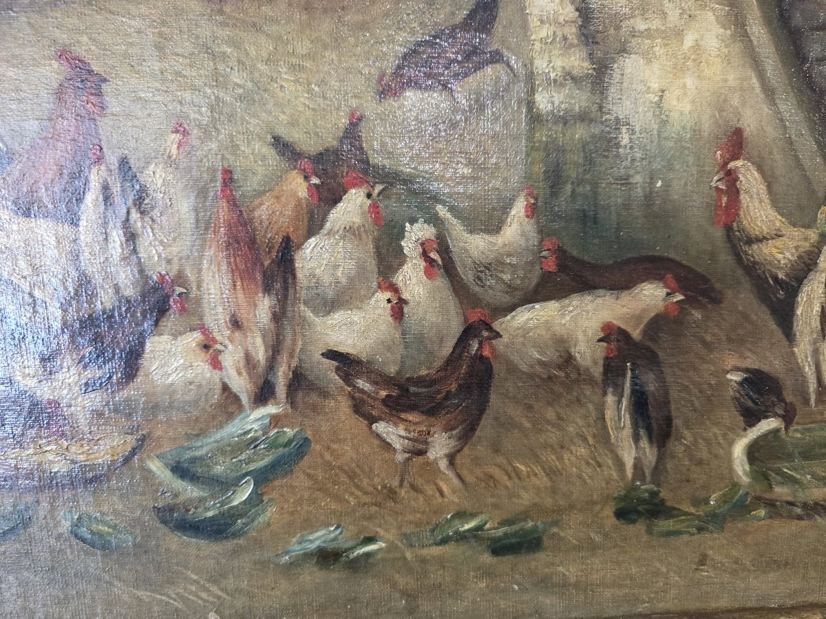 Dipinto olio su tela raffigurante galli e galline in un aia-photo-2