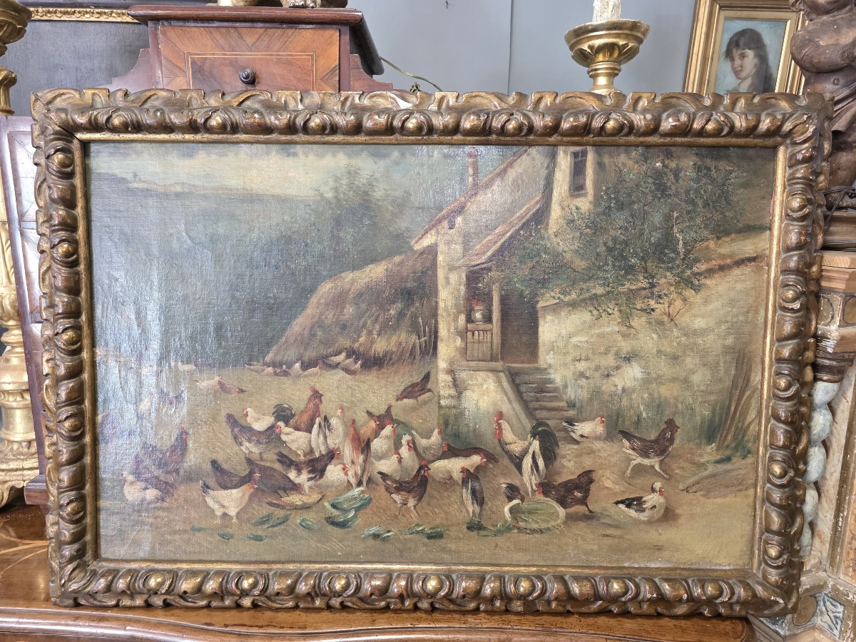 Dipinto olio su tela raffigurante galli e galline in un aia