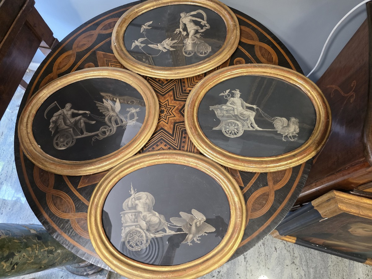 Serie di quattro incisioni su sfondo nero periodo neoclassico