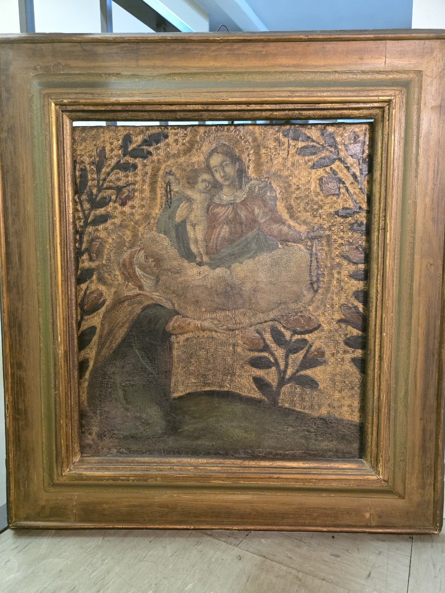 Dipinto olio su cuoio entro cornice dorata. Periodo XVII secolo