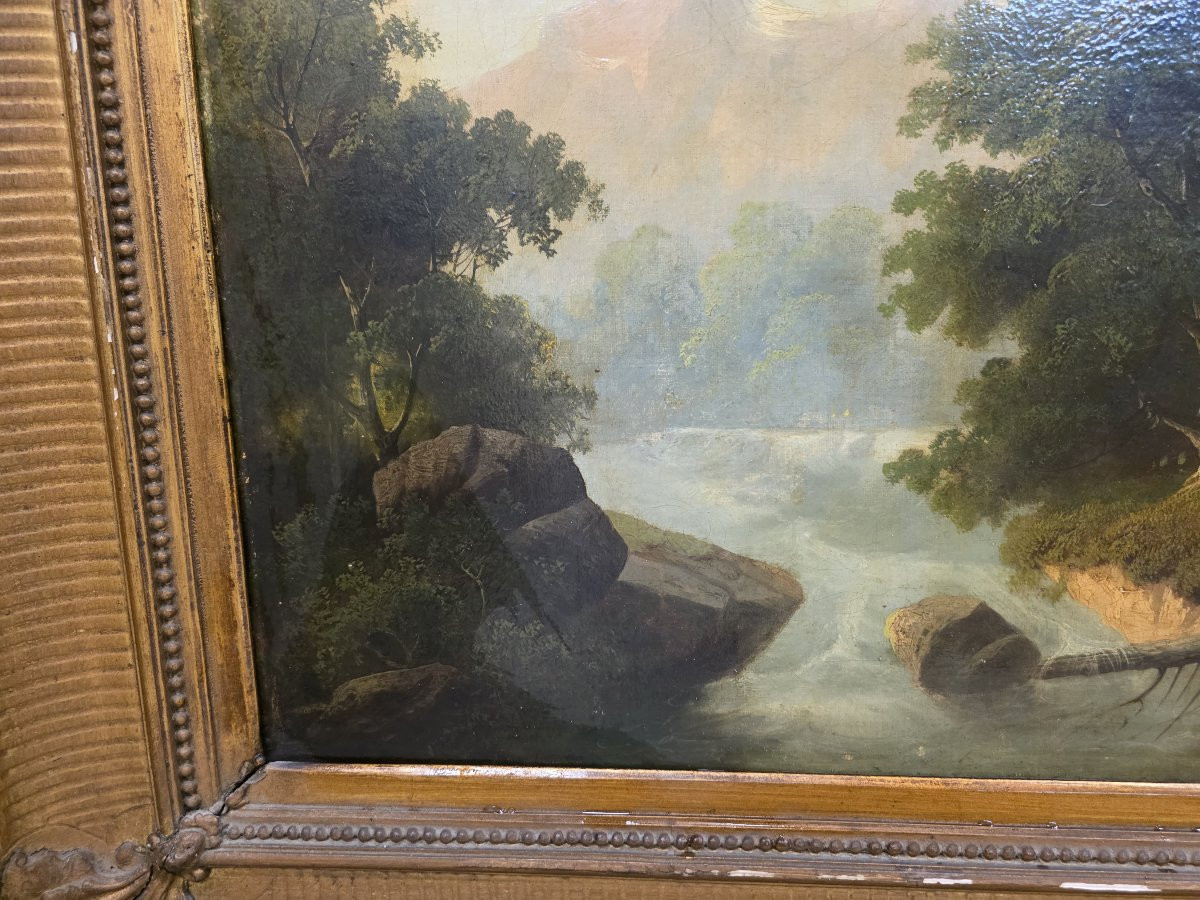 Olio su tela raffigurante paessaggio e pastore. Italia o Francia metà dell'ottocento-photo-3