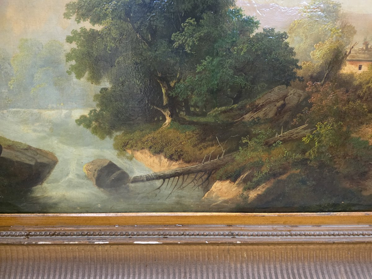 Olio su tela raffigurante paessaggio e pastore. Italia o Francia metà dell'ottocento-photo-4