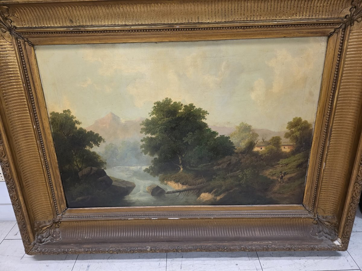 Olio su tela raffigurante paessaggio e pastore. Italia o Francia metà dell'ottocento-photo-1