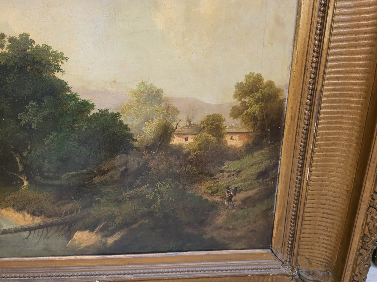 Olio su tela raffigurante paessaggio e pastore. Italia o Francia metà dell'ottocento-photo-2