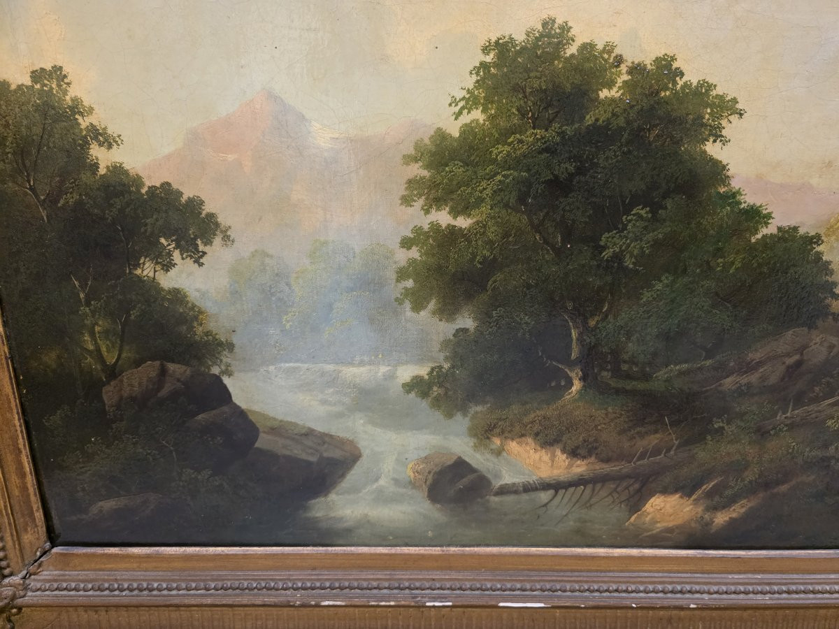 Olio su tela raffigurante paessaggio e pastore. Italia o Francia metà dell'ottocento-photo-3