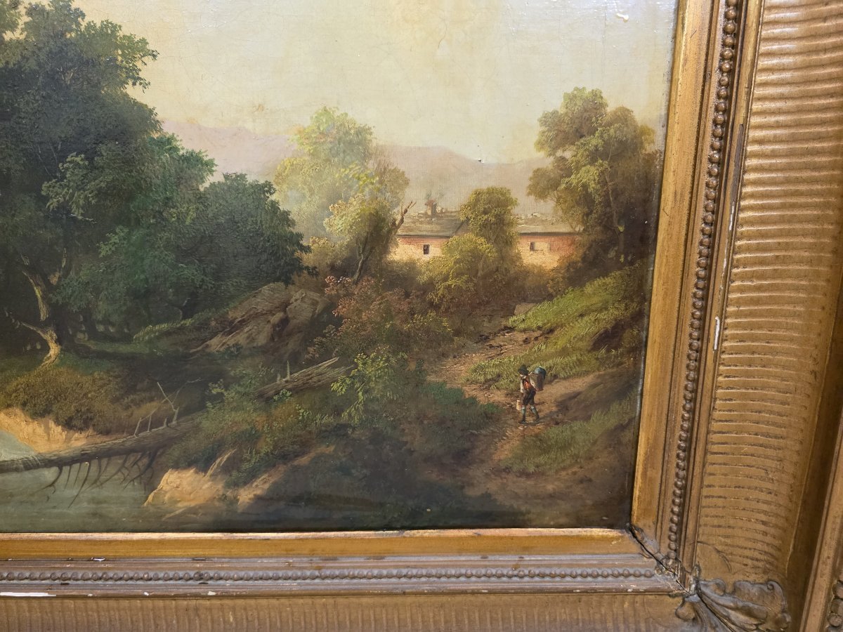 Olio su tela raffigurante paessaggio e pastore. Italia o Francia metà dell'ottocento-photo-4