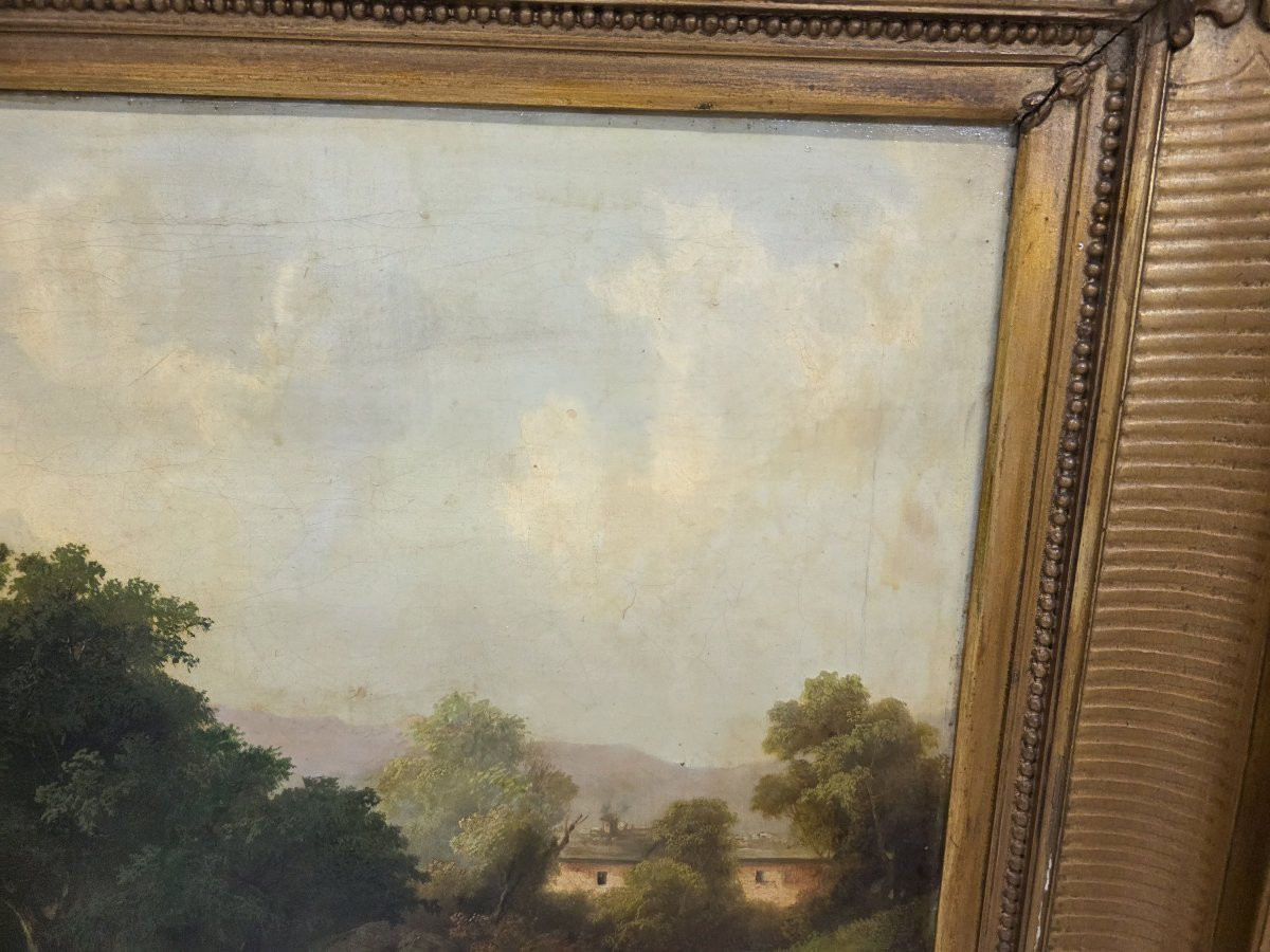 Olio su tela raffigurante paessaggio e pastore. Italia o Francia metà dell'ottocento-photo-5
