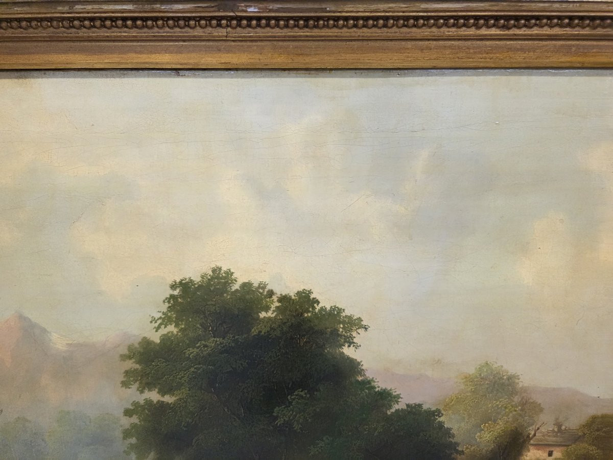 Olio su tela raffigurante paessaggio e pastore. Italia o Francia metà dell'ottocento-photo-6