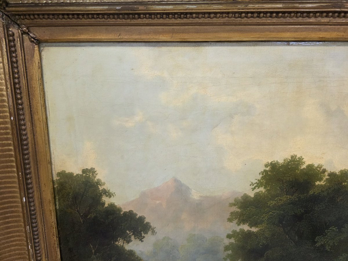 Olio su tela raffigurante paessaggio e pastore. Italia o Francia metà dell'ottocento-photo-7