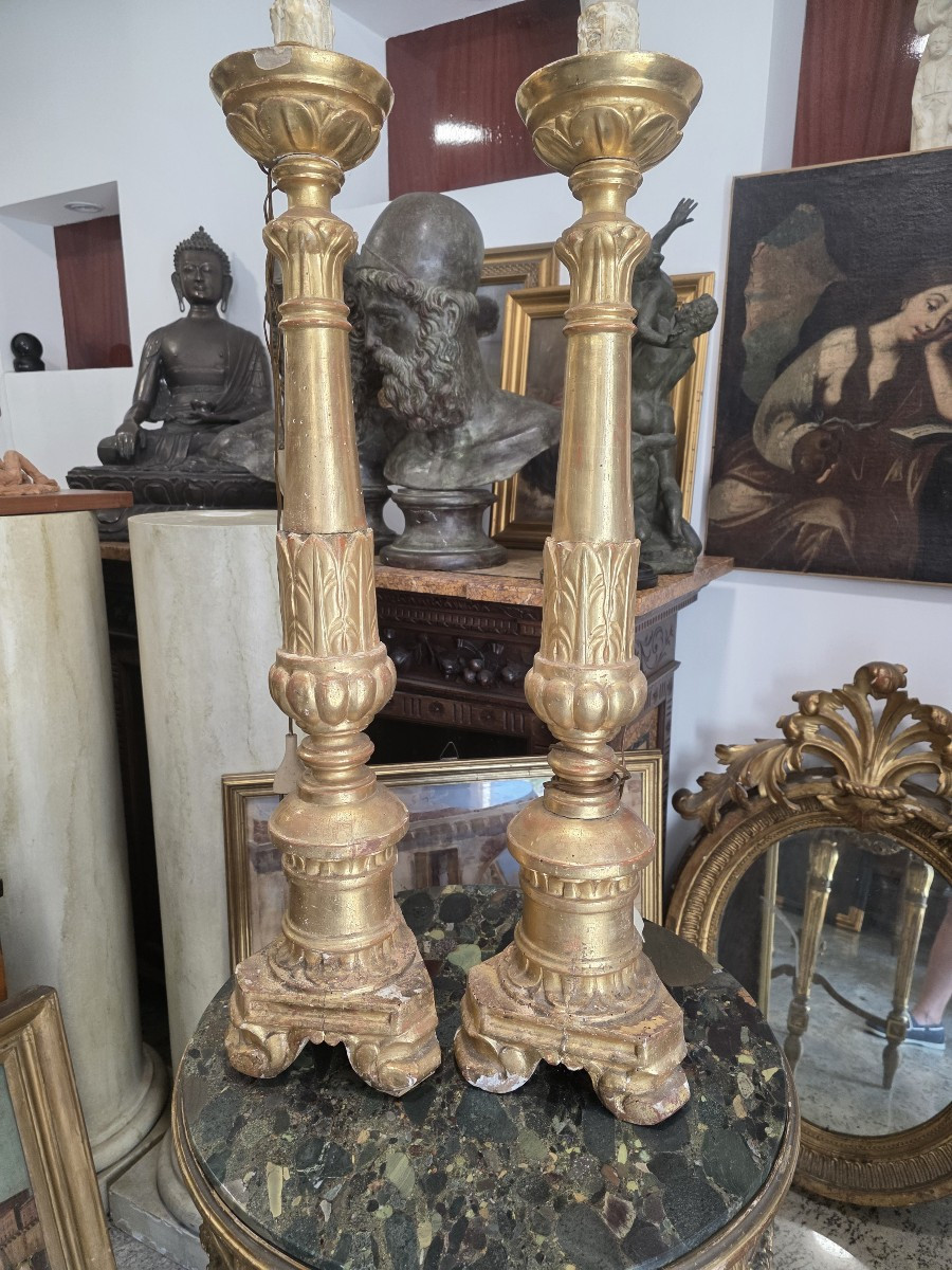Bella coppia di grandi candelabri in legno dorato settecento (Italia centrale)