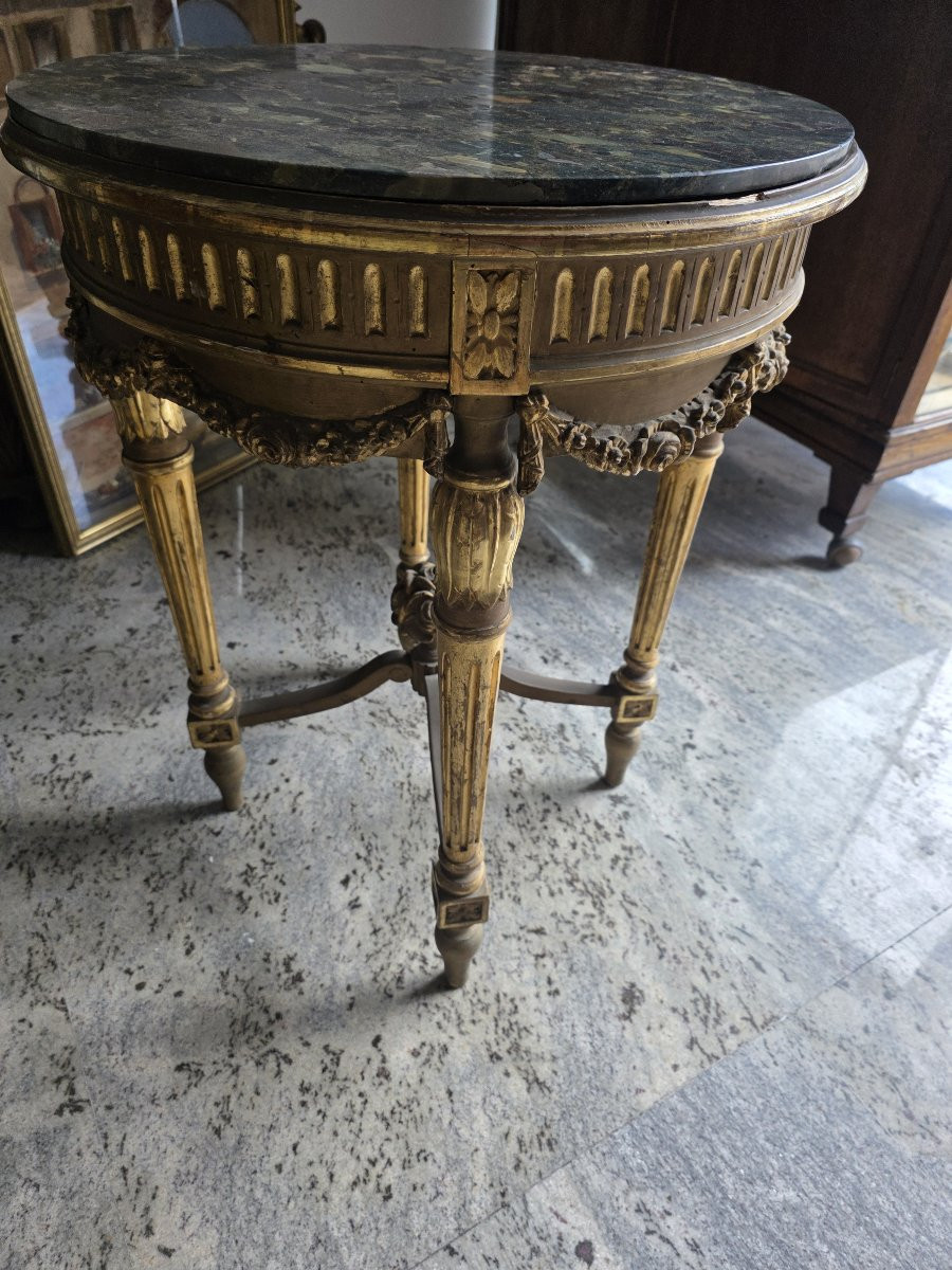 Tavolo tondo in legno dorato con piano in marmo. Epoca metà XIX secolo-photo-3