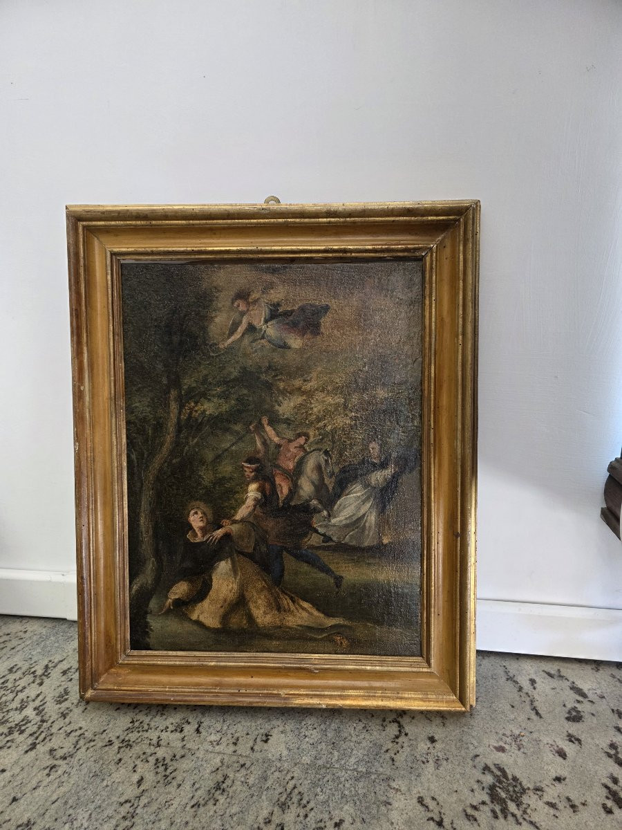 Dipinto olio su tela bozzetto "Martirio di San Pietro da Verona" fine XVII secolo-photo-3