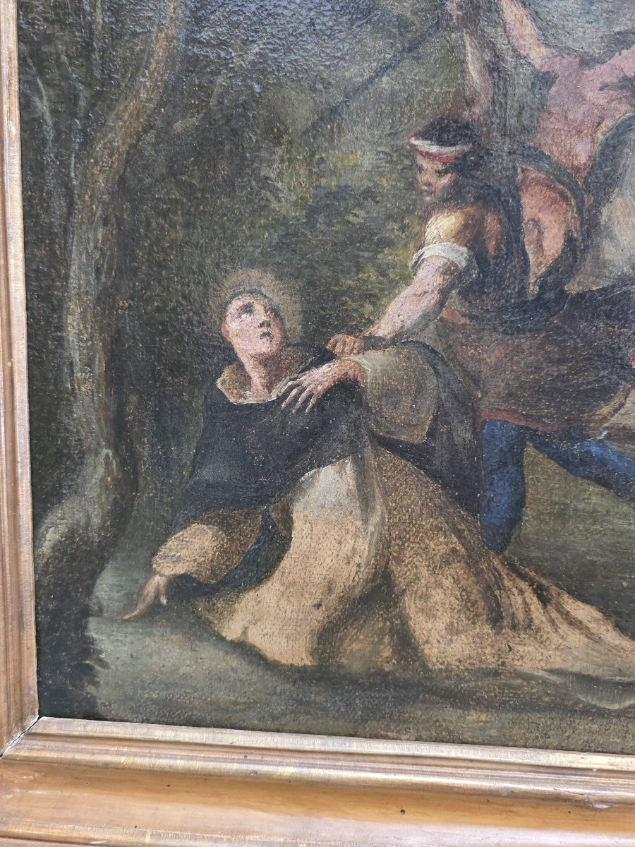 Dipinto olio su tela bozzetto "Martirio di San Pietro da Verona" fine XVII secolo-photo-4
