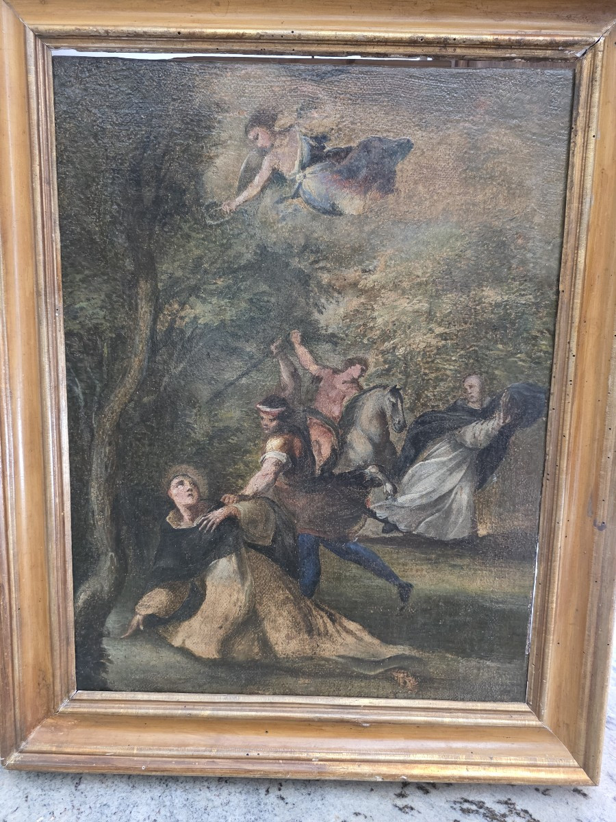 Dipinto olio su tela bozzetto "Martirio di San Pietro da Verona" fine XVII secolo