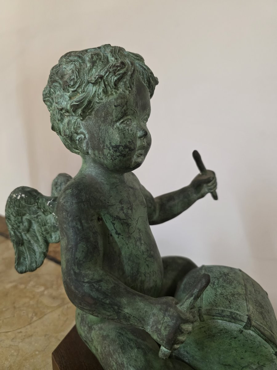 Putto con le ali che suona. Bronzo patinato dell'ottocento-photo-4