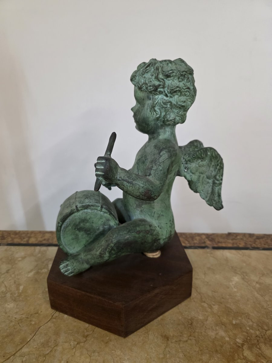 Putto con le ali che suona. Bronzo patinato dell'ottocento-photo-6