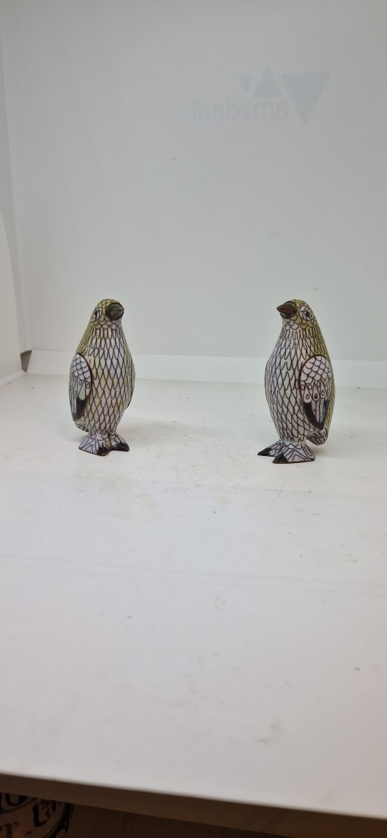 Coppia di pinguini in smalto cloissone e bronzo. Cina primi del novecento