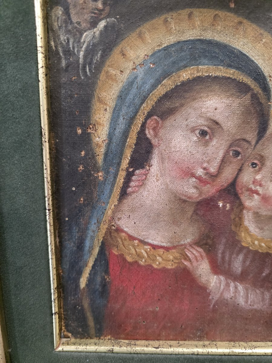 Olio su tela raffigurante Madonna con Bambino del settecento.-photo-3