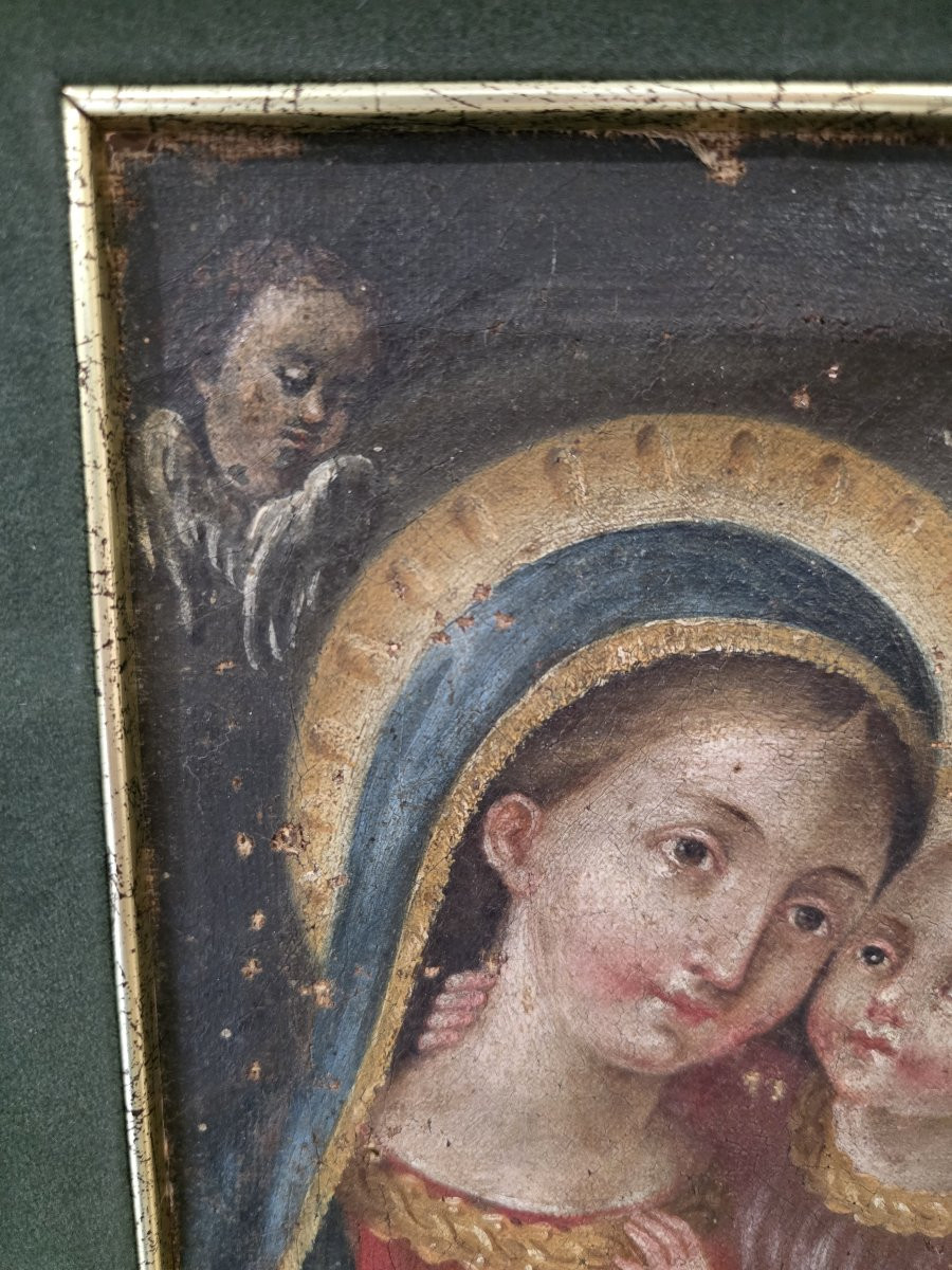 Olio su tela raffigurante Madonna con Bambino del settecento.-photo-2