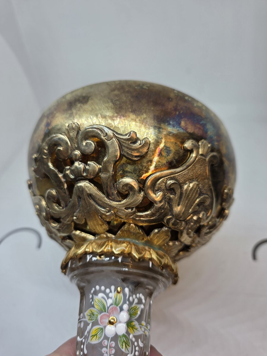 Calice in cristallo dipinto e coppa in argento dorato Italia XX secolo-photo-5