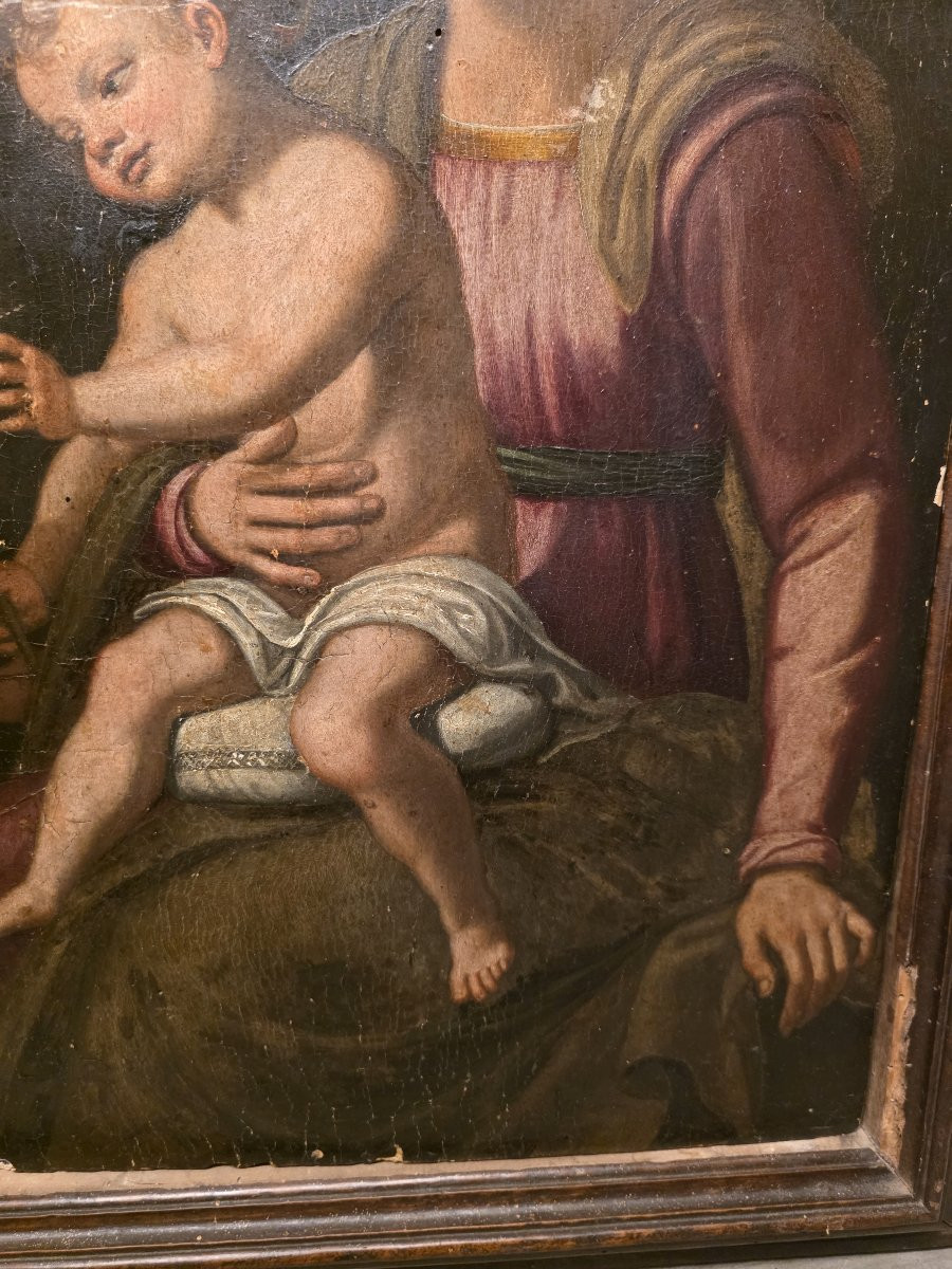 Olio su tavola "Madonna, Bambino e San Giovannino" Italia centrale del cinquecento-photo-2