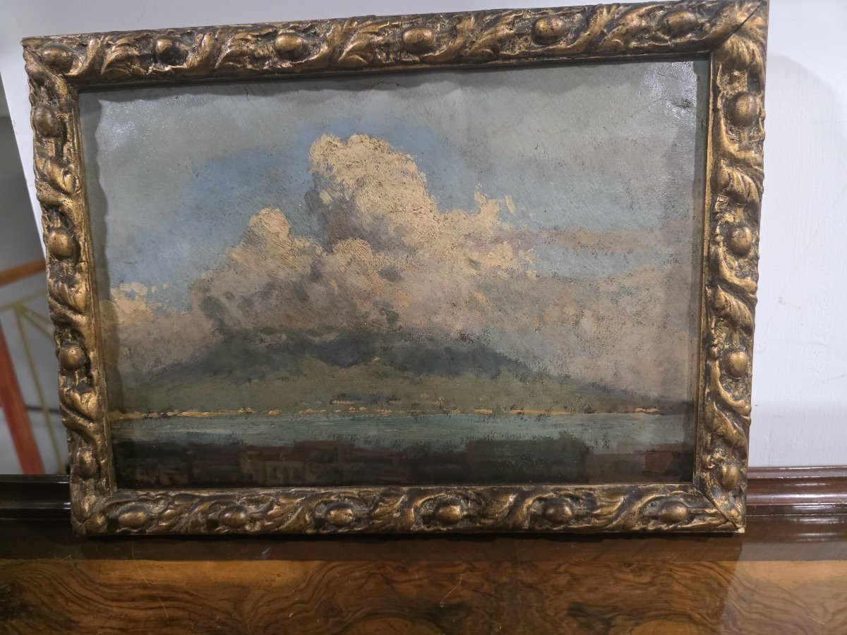 Quadro olio su cartoncino veduta Vesuvio attribuito a Consalvo Carelli-photo-4