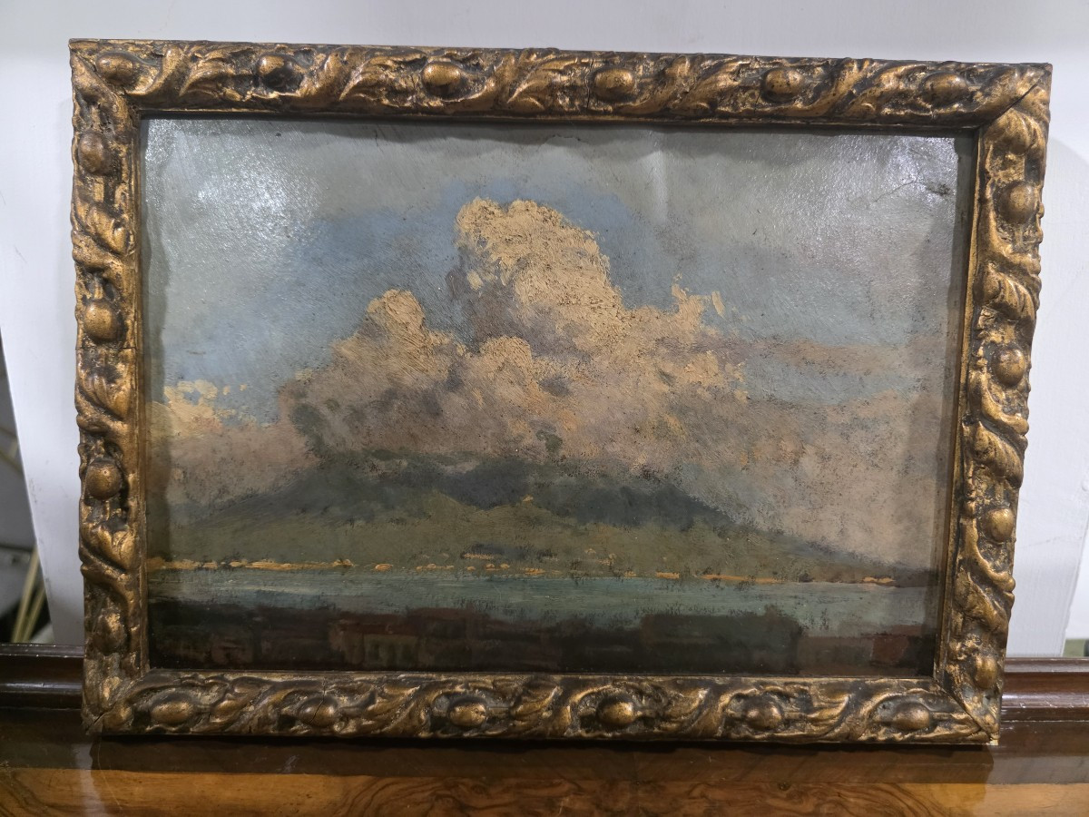 Quadro olio su cartoncino veduta Vesuvio attribuito a Consalvo Carelli