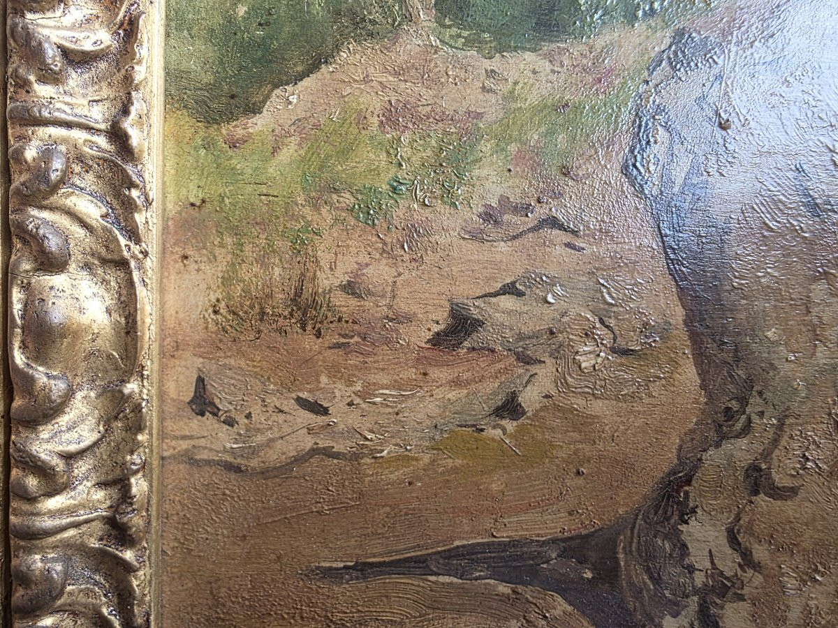 Olio su tavola scorcio di paese arroccato firmato in basso a sinistra Edoardo Monteforte -photo-2