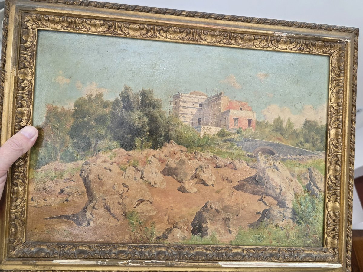 Olio su tavola scorcio di paese arroccato firmato in basso a sinistra Edoardo Monteforte -photo-3