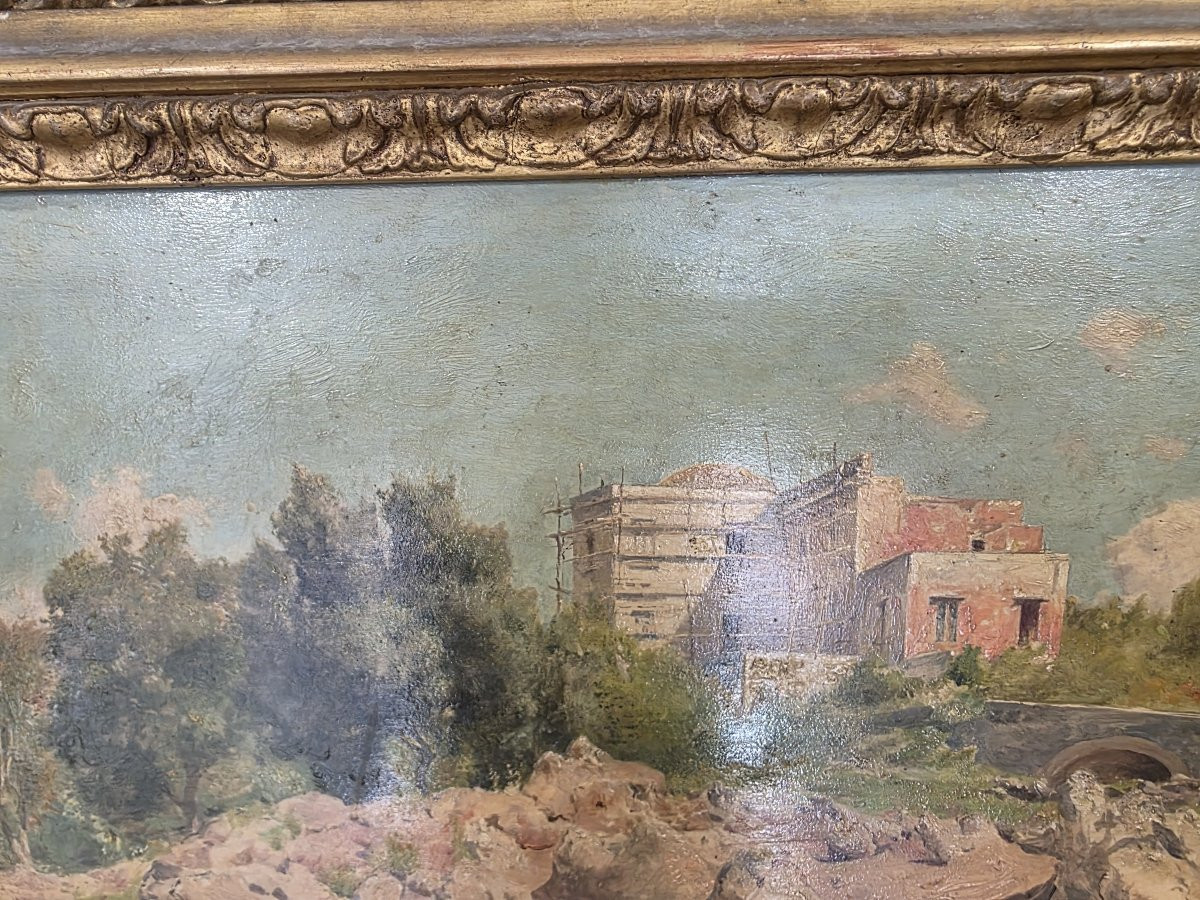 Olio su tavola scorcio di paese arroccato firmato in basso a sinistra Edoardo Monteforte -photo-1