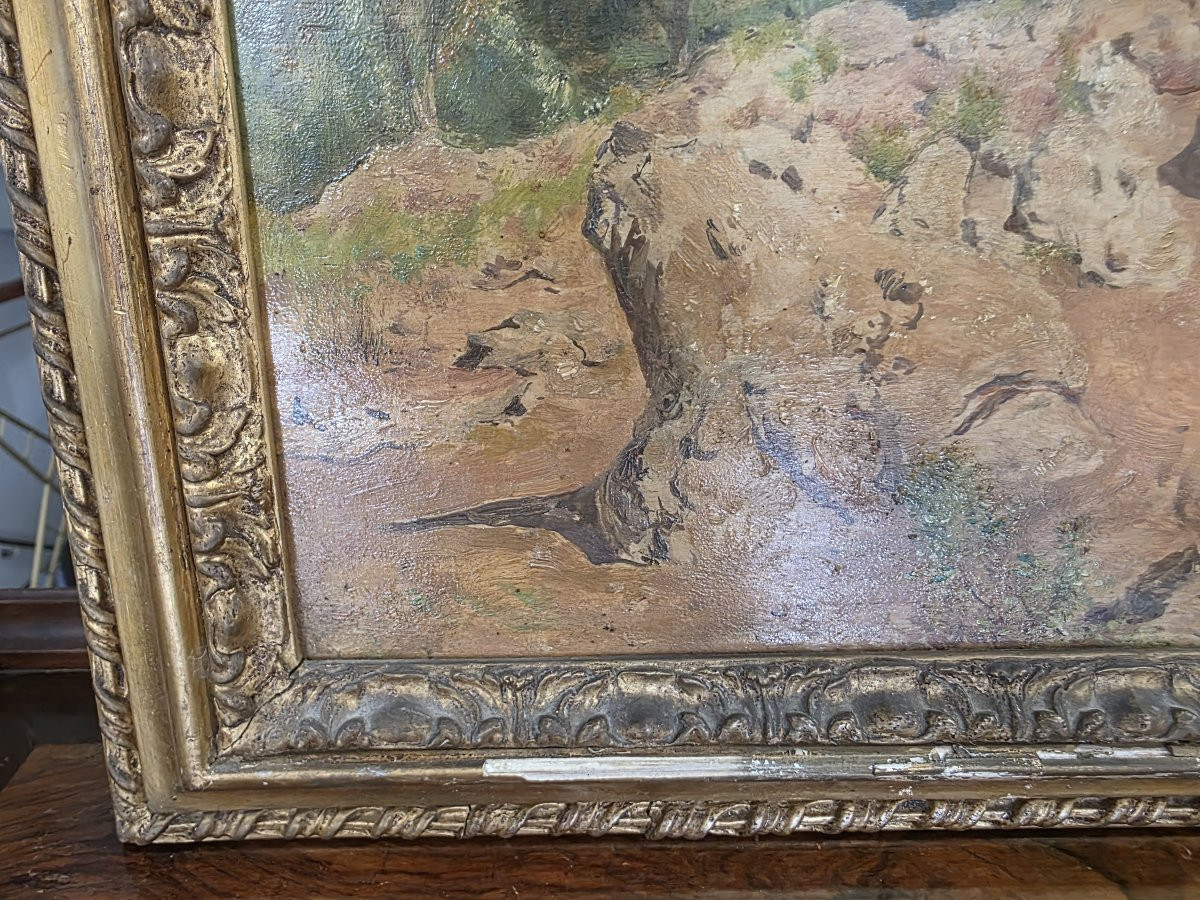 Olio su tavola scorcio di paese arroccato firmato in basso a sinistra Edoardo Monteforte -photo-3