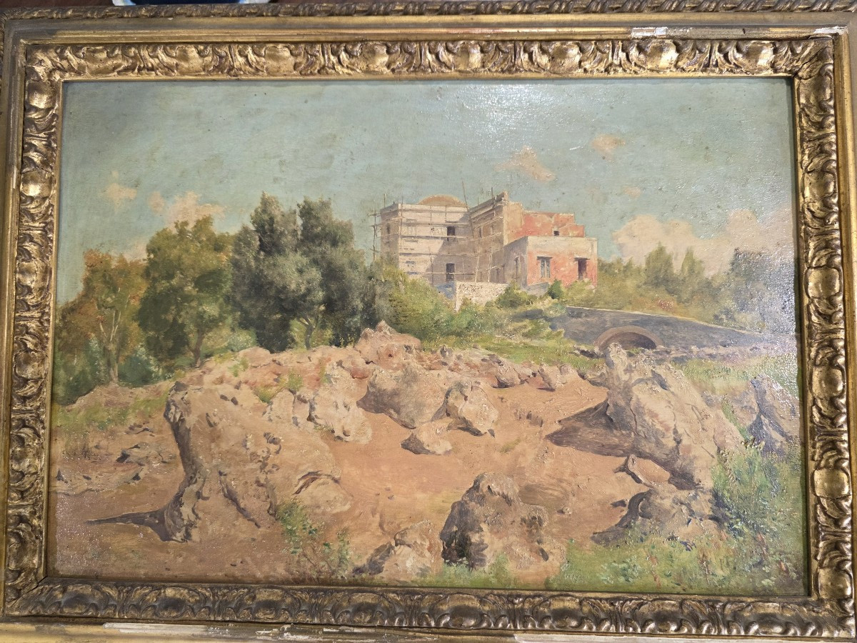 Olio su tavola scorcio di paese arroccato firmato in basso a sinistra Edoardo Monteforte 