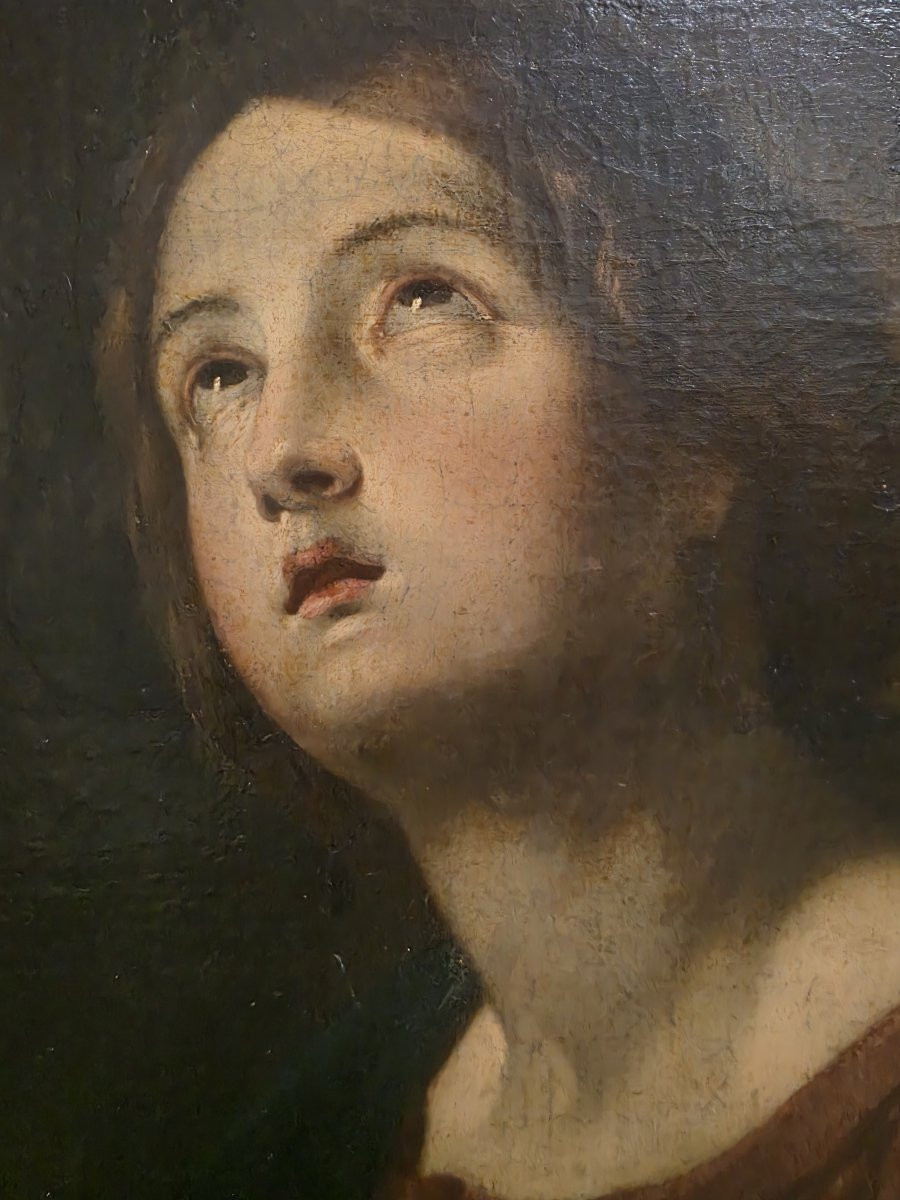 Olio su tela raffigurante "Vergine in contemplazione" fine seicento primi settecento-photo-3