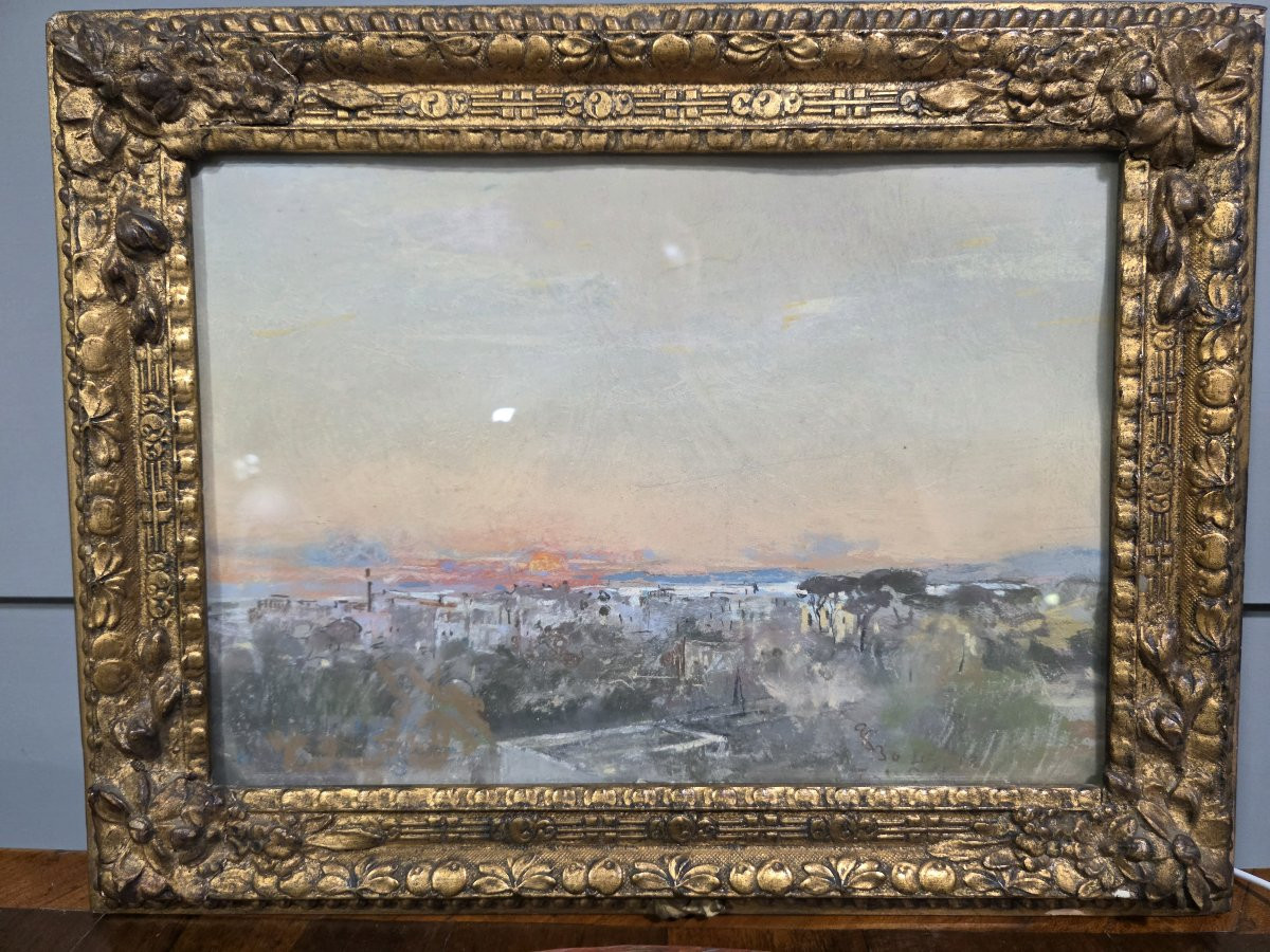 Pastello e acquarello su carta firmato G.Casciaro.  Raffigurante vista di una città-photo-3