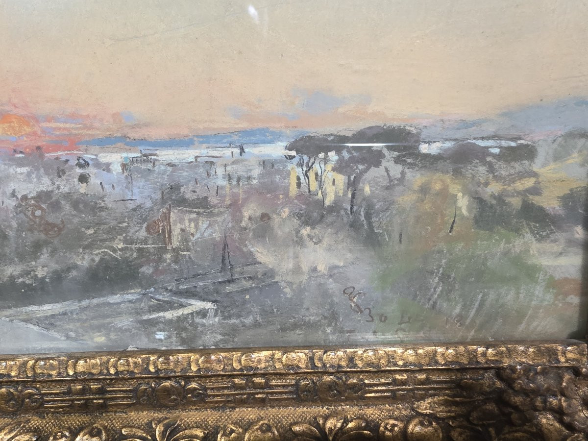 Pastello e acquarello su carta firmato G.Casciaro.  Raffigurante vista di una città-photo-4