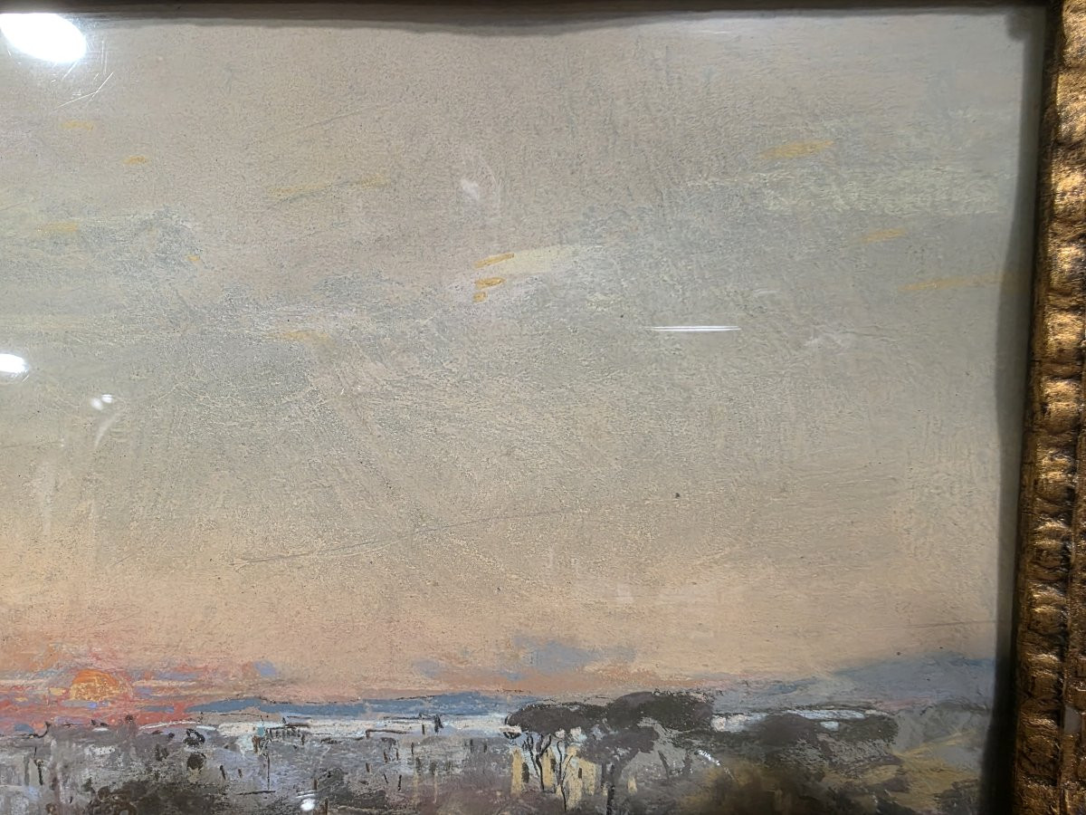 Pastello e acquarello su carta firmato G.Casciaro.  Raffigurante vista di una città-photo-3