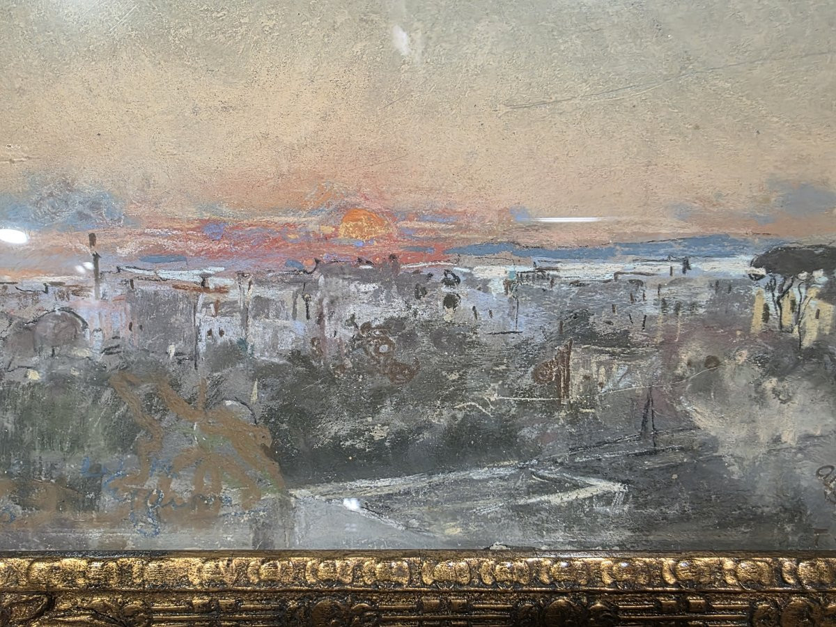 Pastello e acquarello su carta firmato G.Casciaro.  Raffigurante vista di una città-photo-4