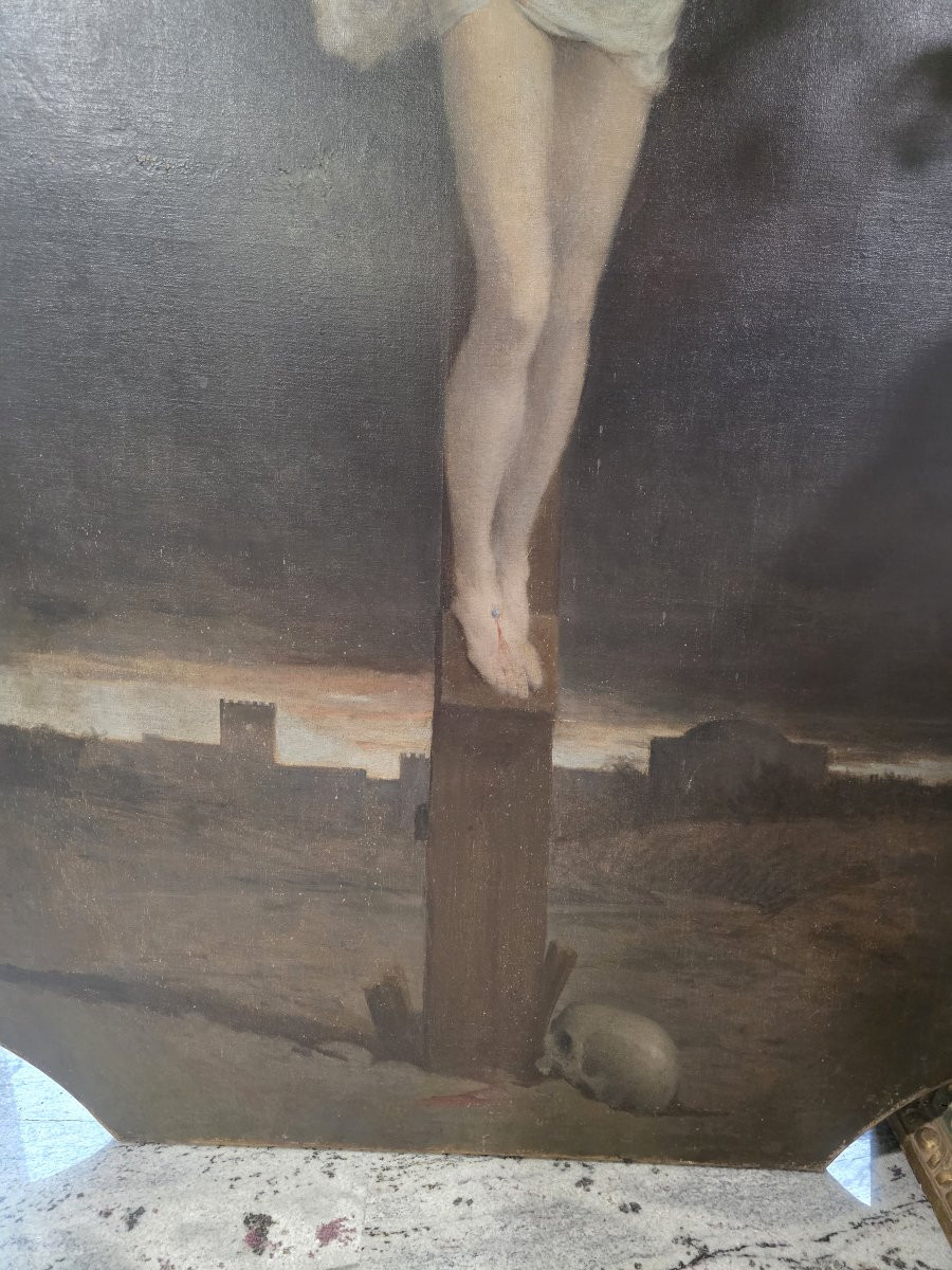 Olio su tela raffigurante Cristo in croce. Epoca fine XVII.-photo-5