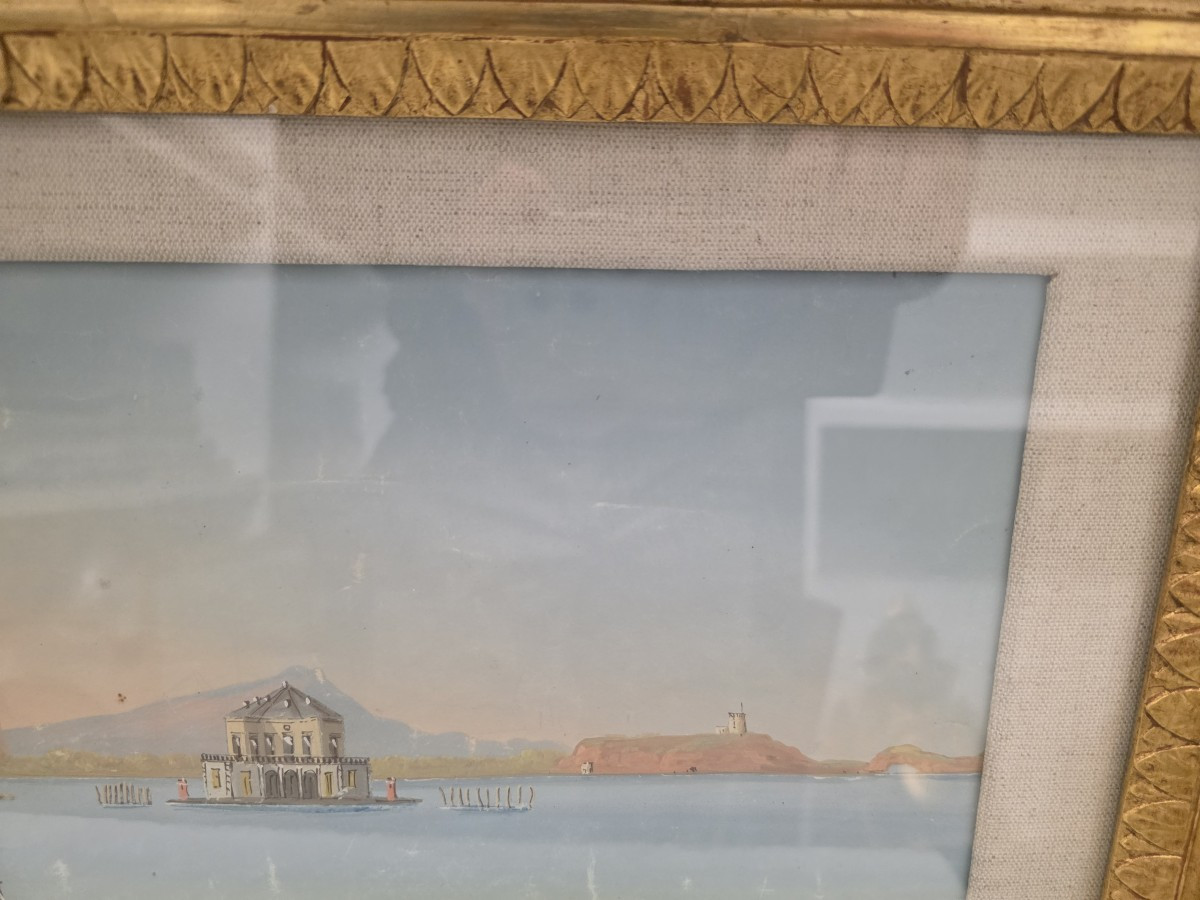 Veduta del Lago Fusaro con la  Casina Vanvitelliana, metà XIX secolo, Guazzo su carta-photo-4