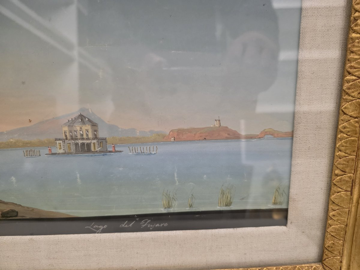 Veduta del Lago Fusaro con la  Casina Vanvitelliana, metà XIX secolo, Guazzo su carta-photo-1
