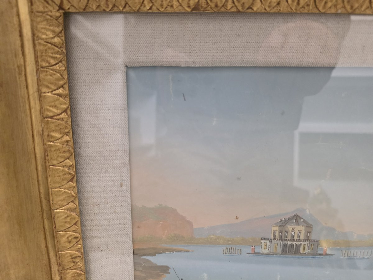 Veduta del Lago Fusaro con la  Casina Vanvitelliana, metà XIX secolo, Guazzo su carta-photo-2