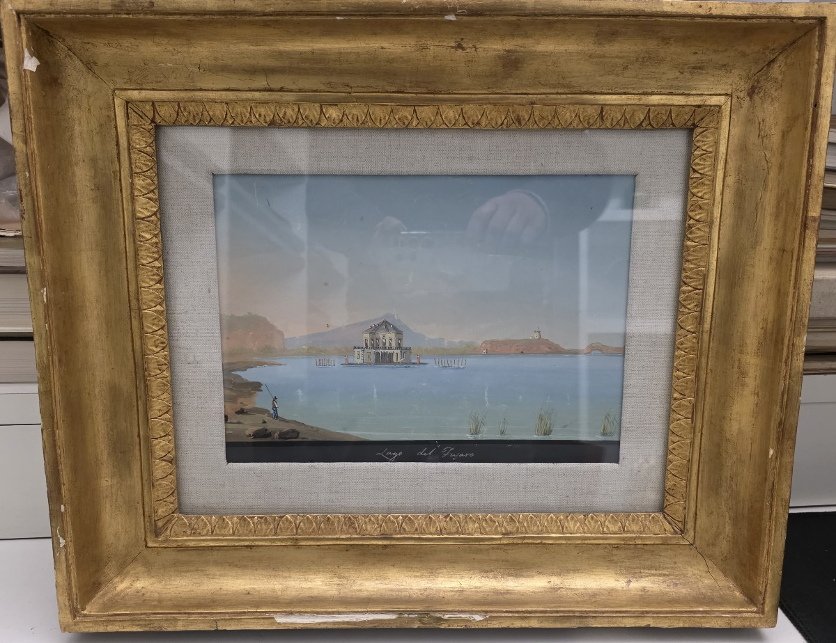 Veduta del Lago Fusaro con la  Casina Vanvitelliana, metà XIX secolo, Guazzo su carta
