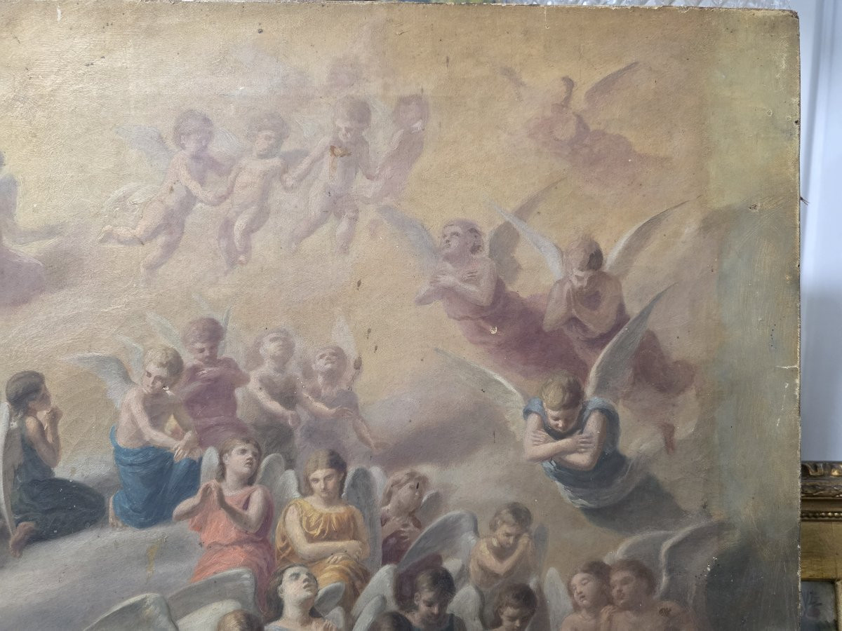 Bozzetto olio su tela per affresco "Angeli in adorazione" periodo primi ottocento.-photo-3