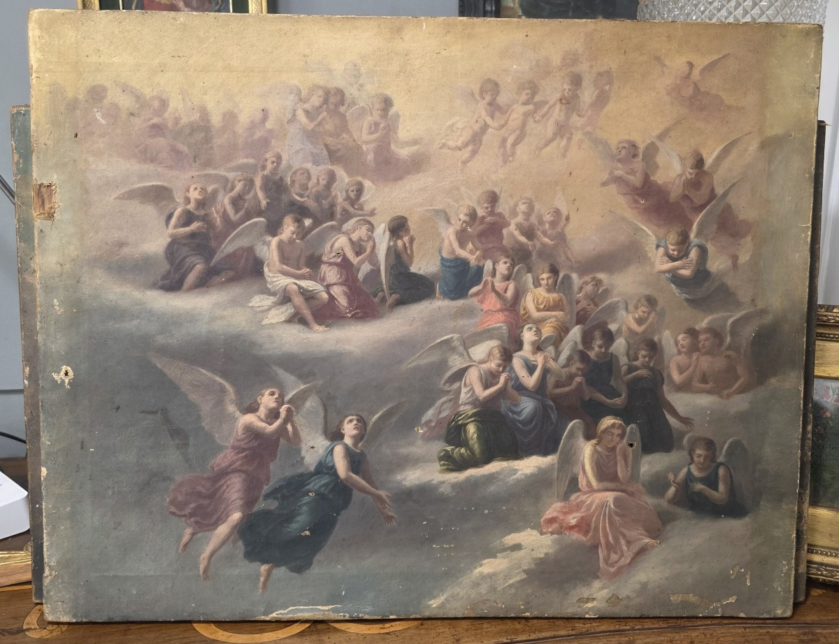 Bozzetto olio su tela per affresco "Angeli in adorazione" periodo primi ottocento.