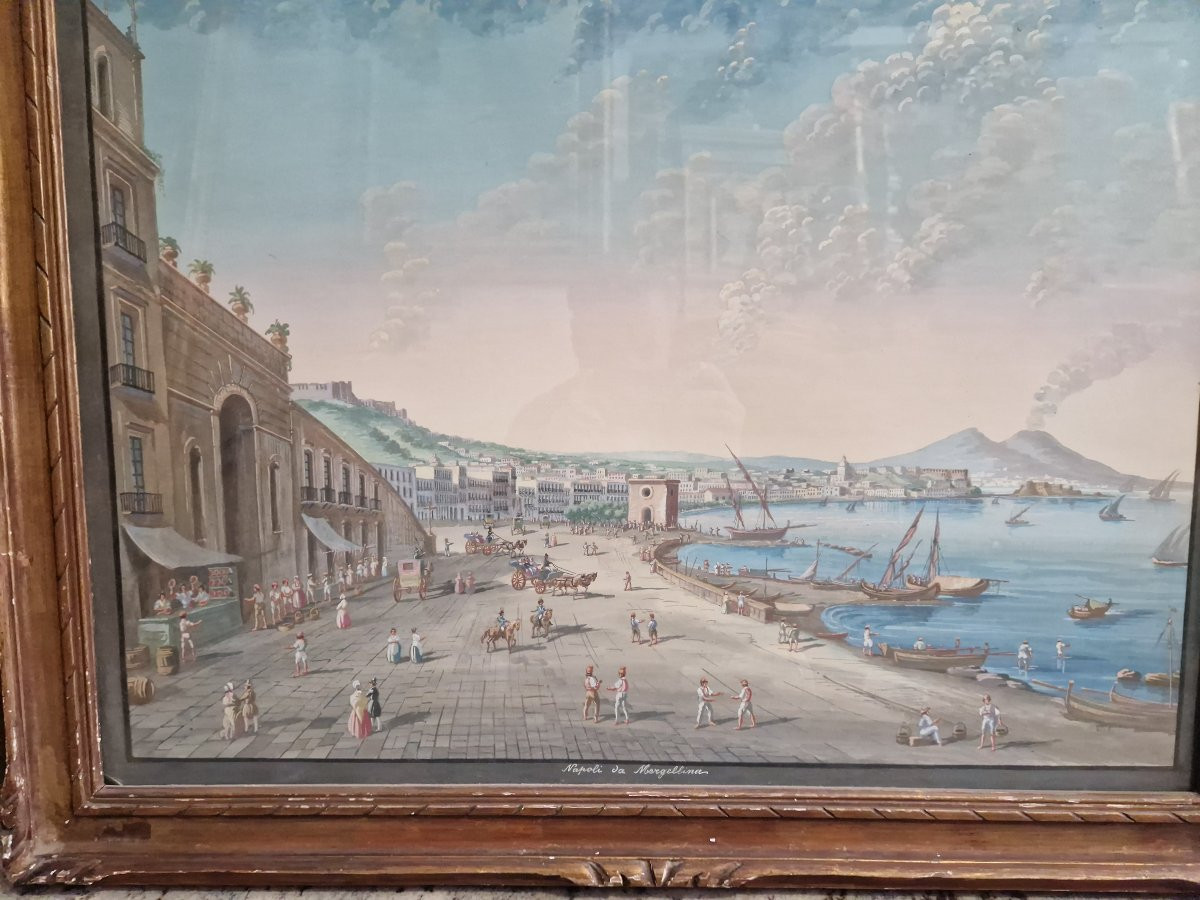 Scuola Napoletana del XIX secolo Veduta di Napoli da Mergellina a guazzo-photo-2