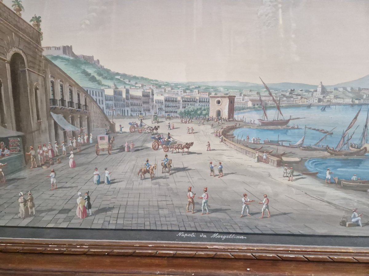 Scuola Napoletana del XIX secolo Veduta di Napoli da Mergellina a guazzo-photo-1