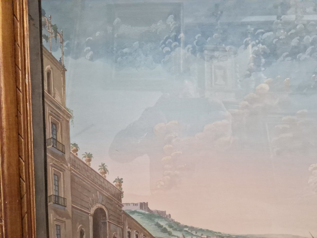 Scuola Napoletana del XIX secolo Veduta di Napoli da Mergellina a guazzo-photo-3