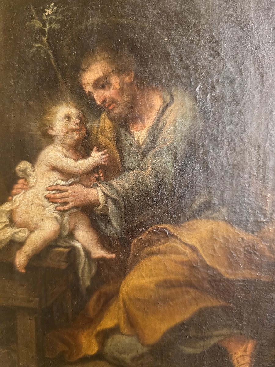 Dipinto raffigurante di San Giuseppe con il Bambino Gesù. Epoca barocca.-photo-2
