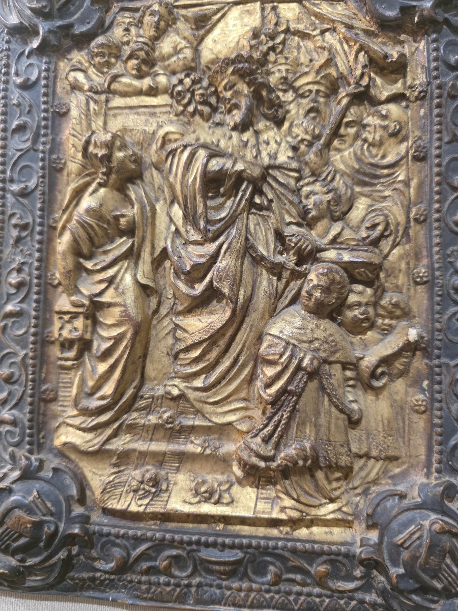 Placca in legno intagliato e dorato raffigurante scena storica, metà del XVIII-photo-2